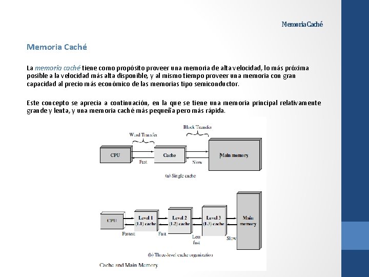 Memoria Caché La memoria caché tiene como propósito proveer una memoria de alta velocidad,