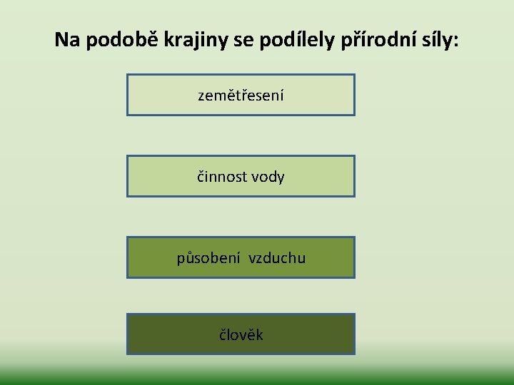 Na podobě krajiny se podílely přírodní síly: zemětřesení činnost vody působení vzduchu člověk 