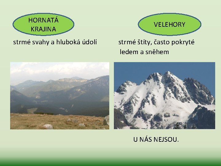 HORNATÁ KRAJINA strmé svahy a hluboká údolí VELEHORY strmé štíty, často pokryté ledem a