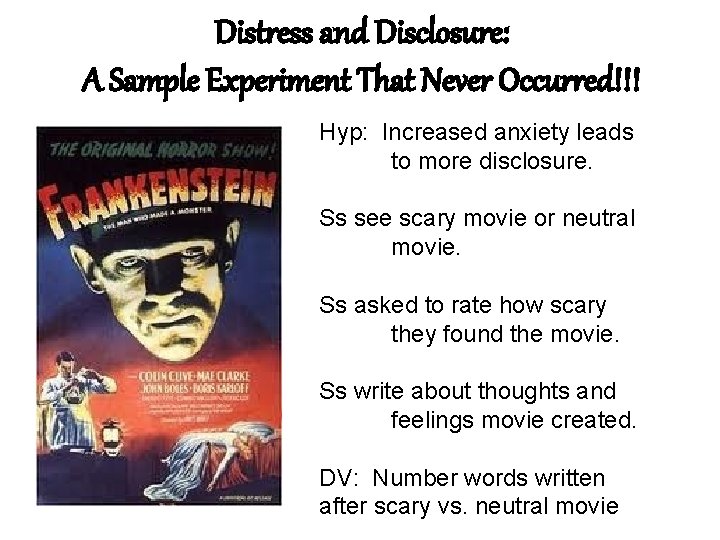 Distress and Disclosure: A Sample Experiment That Never Occurred!!! Hyp: Increased anxiety leads to Distress and Disclosure: A Sample Experiment That Never Occurred!!! Hyp: Increased anxiety leads to