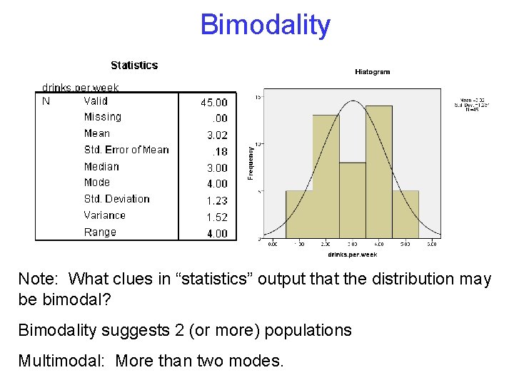 Bimodality Note: What clues in “statistics” output that the distribution may be bimodal? Bimodality Bimodality Note: What clues in “statistics” output that the distribution may be bimodal? Bimodality