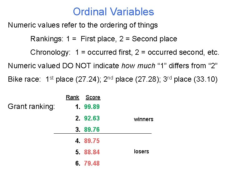 Ordinal Variables Numeric values refer to the ordering of things Rankings: 1 = First Ordinal Variables Numeric values refer to the ordering of things Rankings: 1 = First