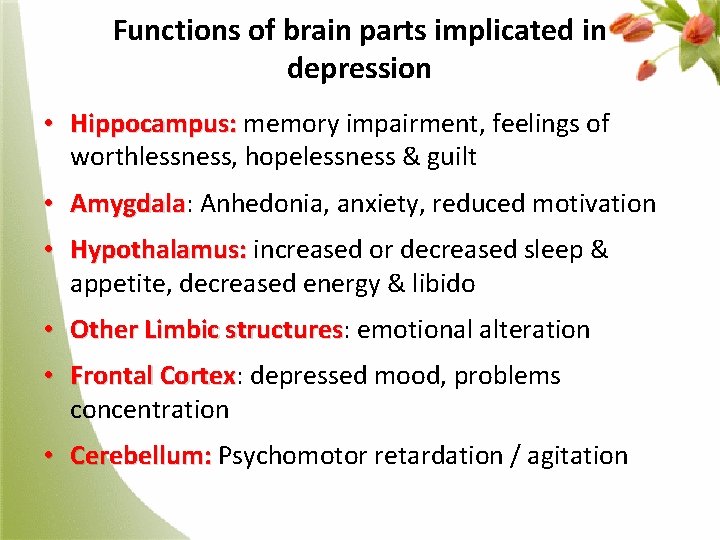 Functions of brain parts implicated in depression • Hippocampus: memory impairment, feelings of worthlessness,