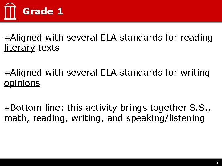 Grade 1 Aligned with several ELA standards for reading literary texts Aligned opinions with