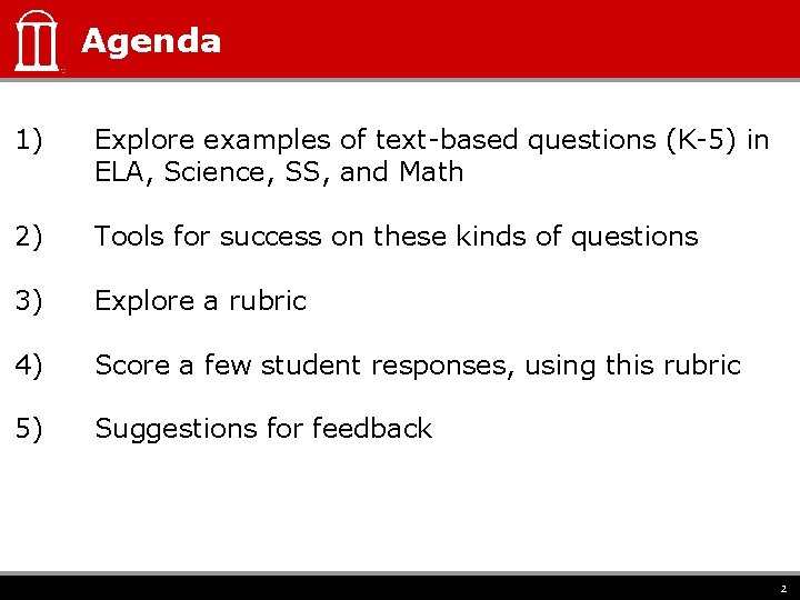 Agenda 1) Explore examples of text-based questions (K-5) in ELA, Science, SS, and Math