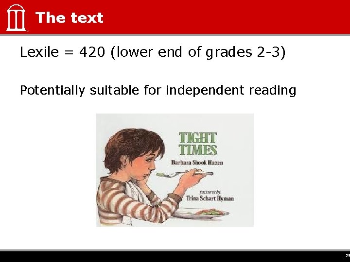 The text Lexile = 420 (lower end of grades 2 -3) Potentially suitable for