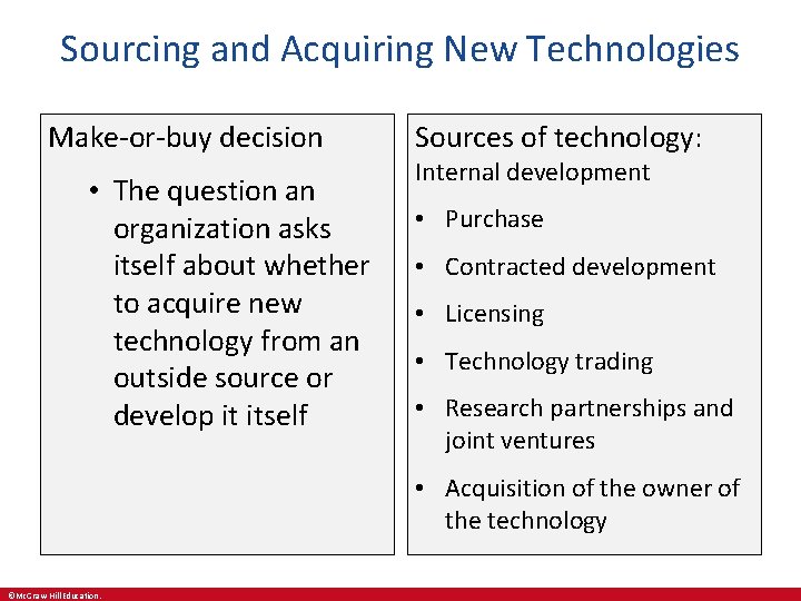 Sourcing and Acquiring New Technologies Make-or-buy decision • The question an organization asks itself