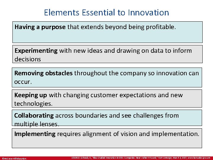 Elements Essential to Innovation Having a purpose that extends beyond being profitable. Experimenting with