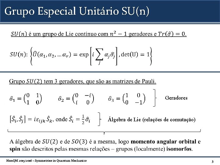 Grupo Especial Unitário SU(n) Geradores Álgebra de Lie (relações de comutação) Hon. QM 2015/2016