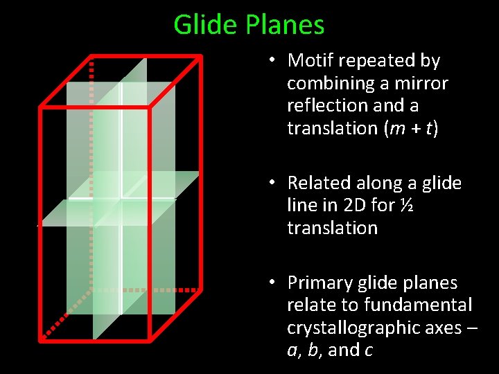 Glide Planes • Motif repeated by combining a mirror reflection and a translation (m