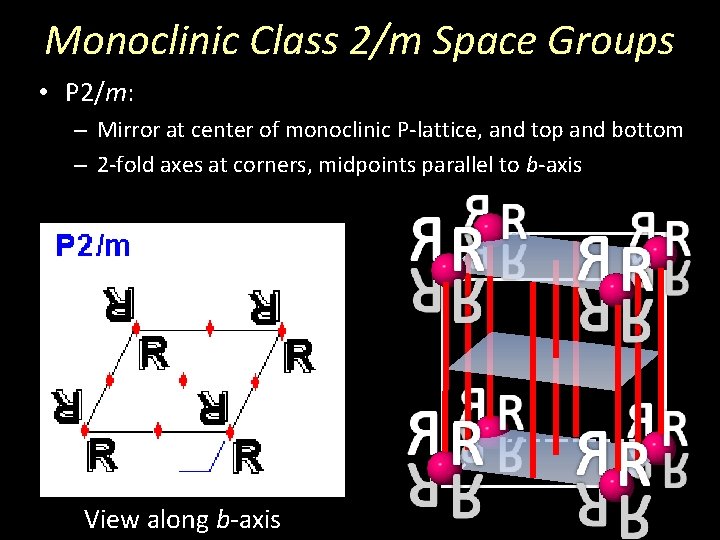 Monoclinic Class 2/m Space Groups • P 2/m: – Mirror at center of monoclinic