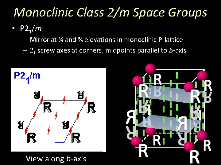 Monoclinic Class 2/m Space Groups • P 21/m: – Mirror at ¼ and ¾