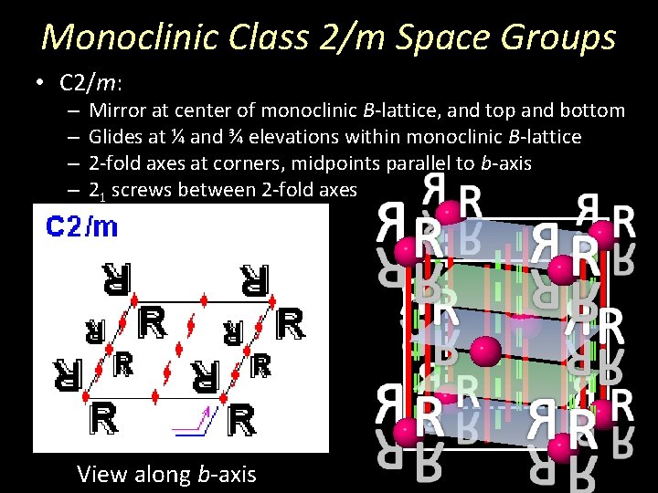 Monoclinic Class 2/m Space Groups • C 2/m: – – Mirror at center of