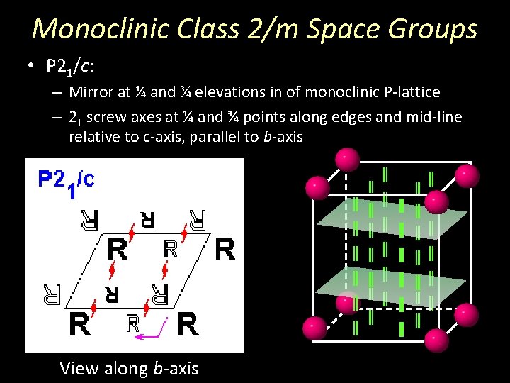 Monoclinic Class 2/m Space Groups • P 21/c: – Mirror at ¼ and ¾