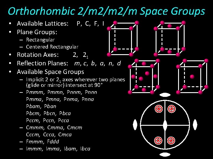 Orthorhombic 2/m 2/m Space Groups • Available Lattices: P, C, F, I • Plane