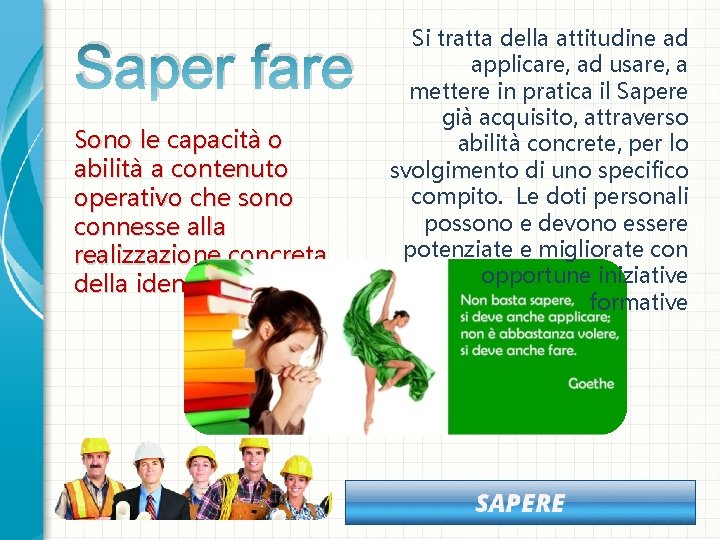 Saper fare Sono le capacità o abilità a contenuto operativo che sono connesse alla