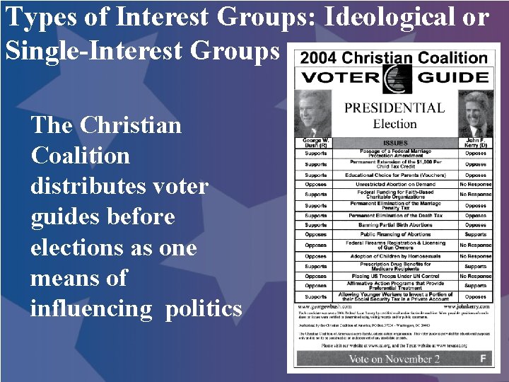 Types of Interest Groups: Ideological or Single-Interest Groups The Christian Coalition distributes voter guides