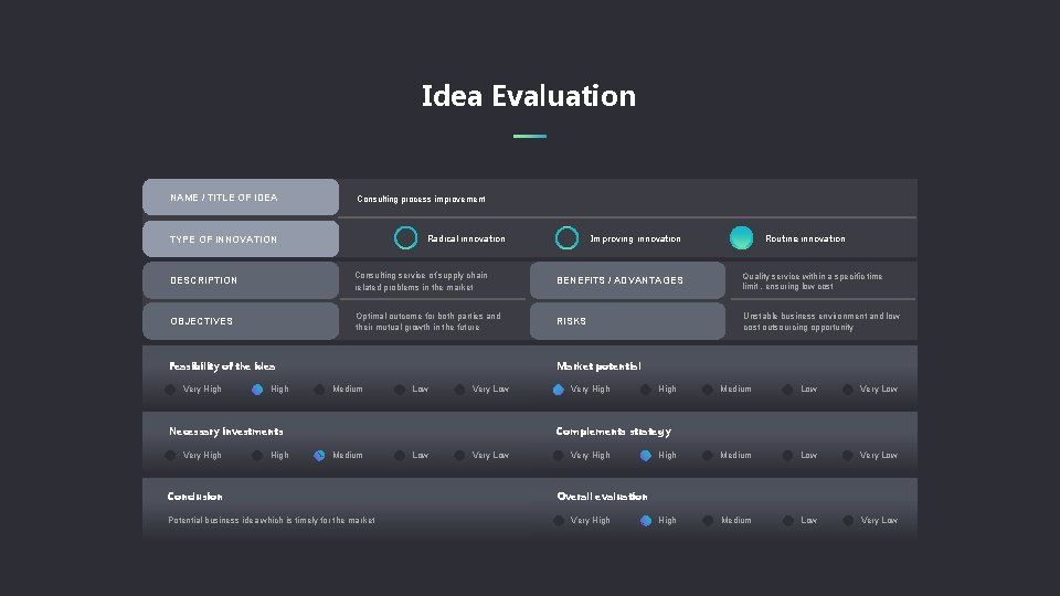 Idea Evaluation NAME / TITLE OF IDEA Consulting process improvement Radical innovation TYPE OF