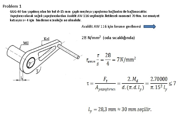Problem 1 GGG-40 tan yapılmış olan bir kol d=15 mm çaplı muyluya yapıştırma bağlantısı