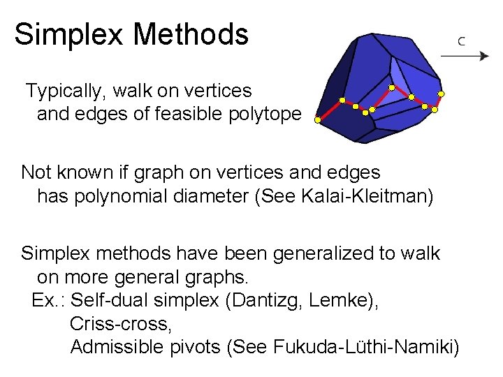 Simplex Methods Typically, walk on vertices and edges of feasible polytope Not known if