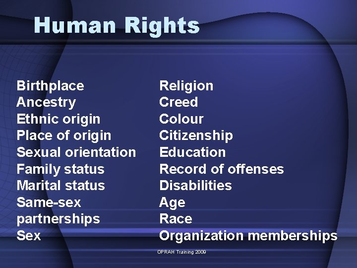 Human Rights Birthplace Ancestry Ethnic origin Place of origin Sexual orientation Family status Marital
