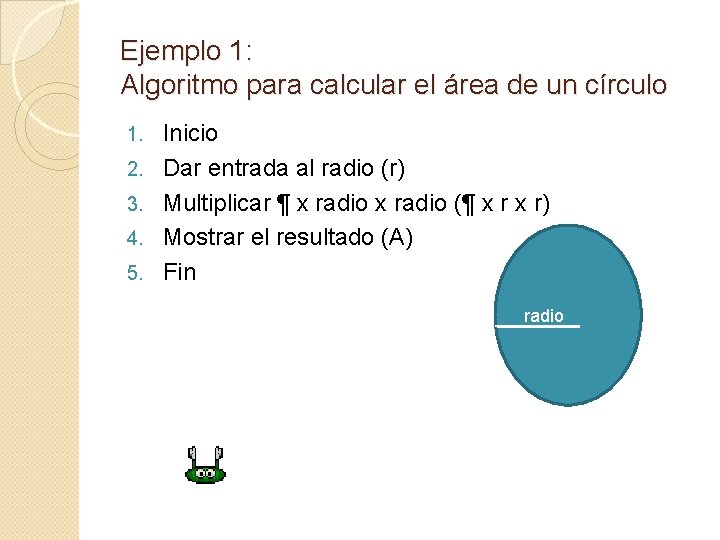 Ejemplo 1: Algoritmo para calcular el área de un círculo 1. 2. 3. 4.