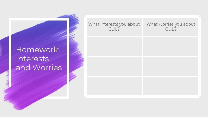 What interests you about CLIL? Homework: Interests and Worries What worries you about CLIL? What interests you about CLIL? Homework: Interests and Worries What worries you about CLIL?