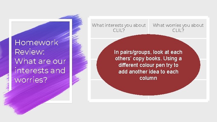 What interests you about CLIL? Homework Review: What are our interests and worries? What What interests you about CLIL? Homework Review: What are our interests and worries? What