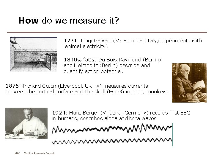 How do we measure it? 1771: Luigi Galvani (<- Bologna, Italy) experiments with ‘animal How do we measure it? 1771: Luigi Galvani (<- Bologna, Italy) experiments with ‘animal