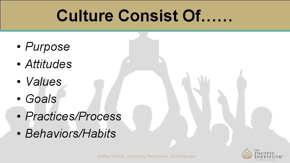Culture Consist Of…… • • • Purpose Attitudes Values Goals Practices/Process Behaviors/Habits Igniting Thinking…Maximizing