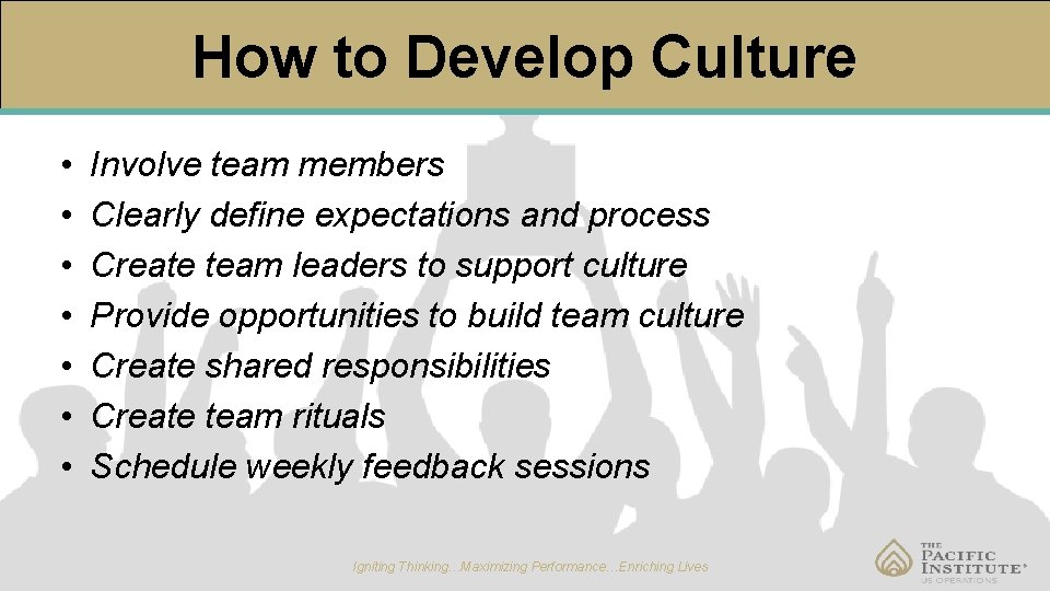How to Develop Culture • • Involve team members Clearly define expectations and process