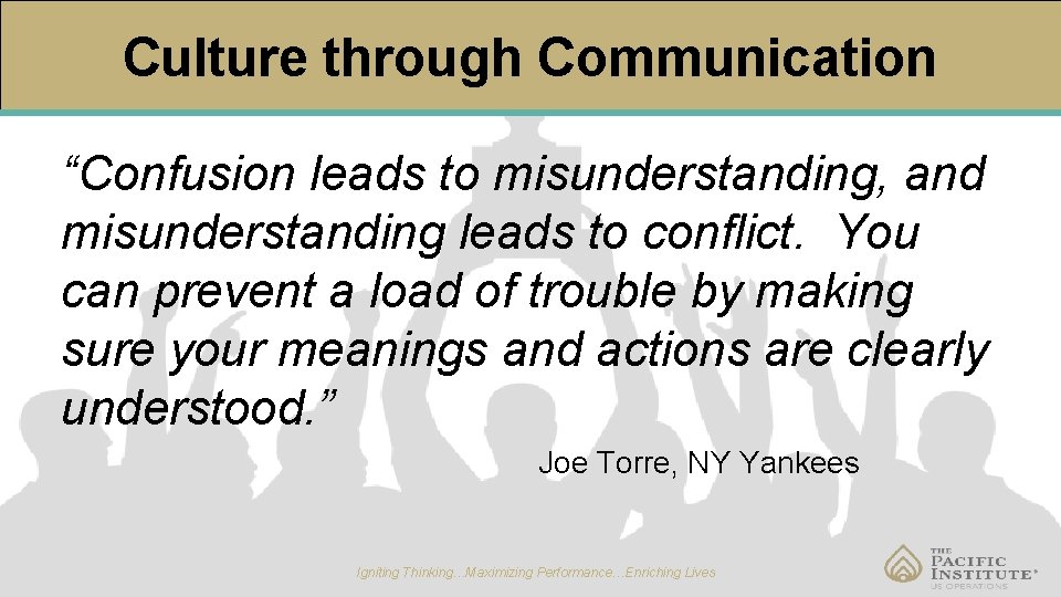 Culture through Communication “Confusion leads to misunderstanding, and misunderstanding leads to conflict. You can