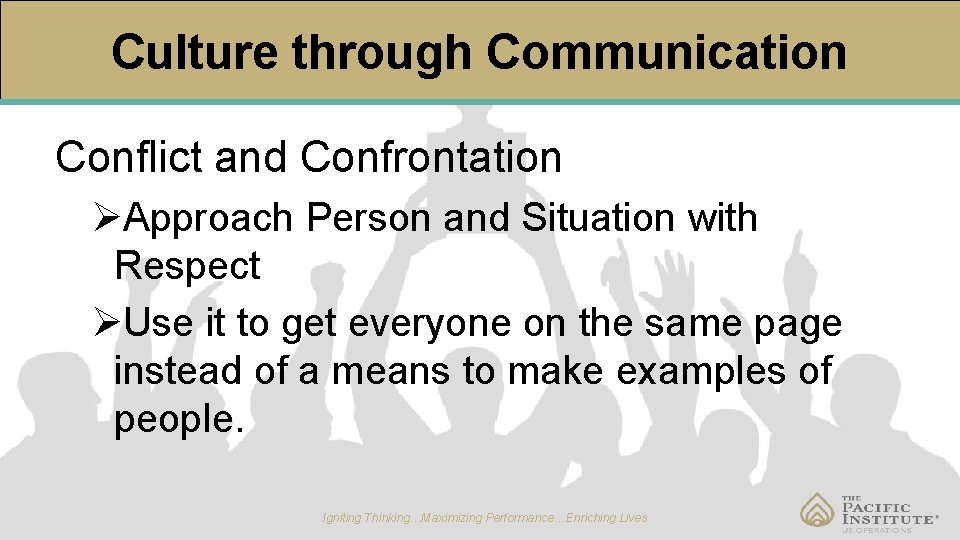 Culture through Communication Conflict and Confrontation ØApproach Person and Situation with Respect ØUse it