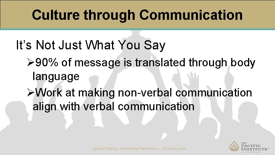Culture through Communication It’s Not Just What You Say Ø 90% of message is