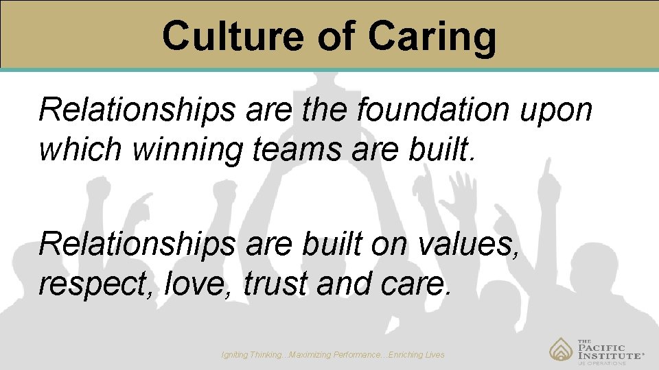 Culture of Caring Relationships are the foundation upon which winning teams are built. Relationships