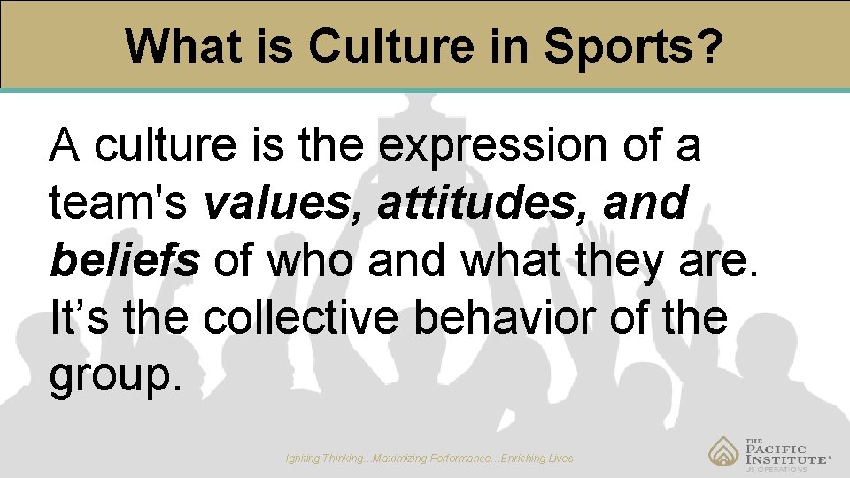 What is Culture in Sports? A culture is the expression of a team's values,