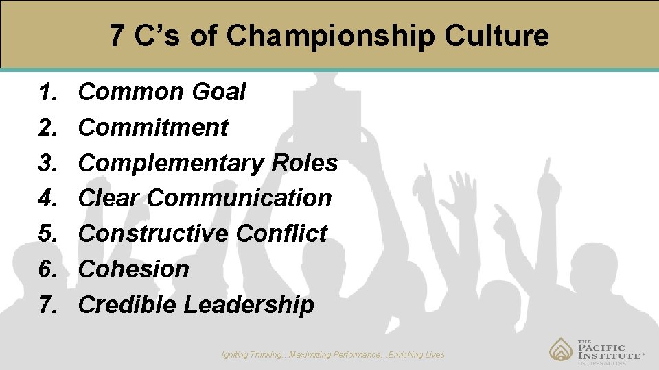 7 C’s of Championship Culture 1. 2. 3. 4. 5. 6. 7. Common Goal