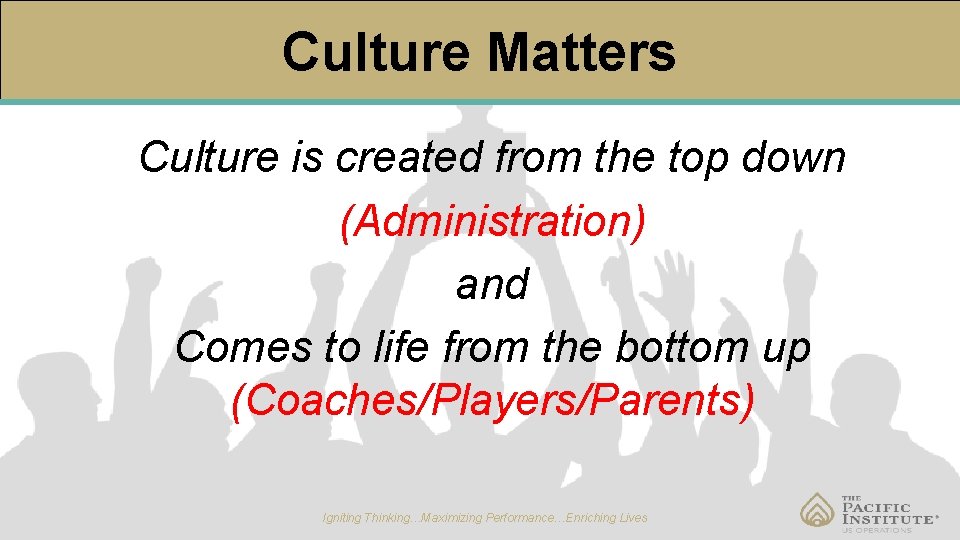 Culture Matters Culture is created from the top down (Administration) and Comes to life