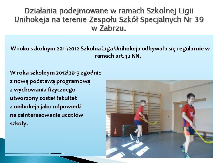 Działania podejmowane w ramach Szkolnej Ligii Unihokeja na terenie Zespołu Szkół Specjalnych Nr 39