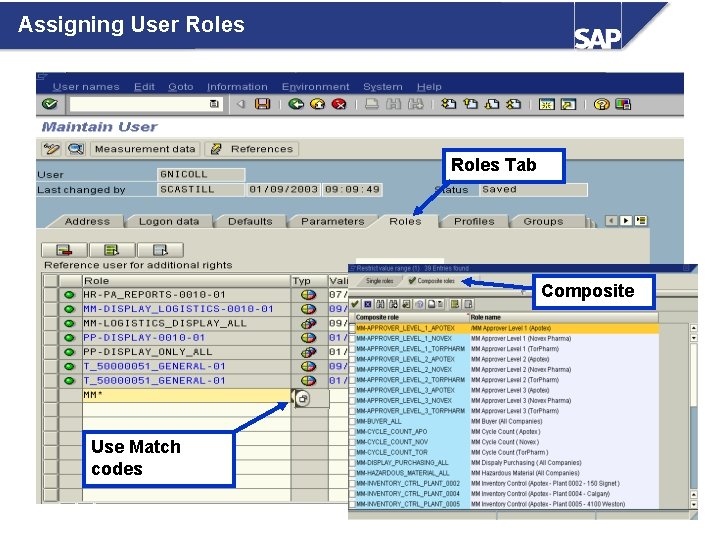 Assigning User Roles Tab Composite Use Match codes 