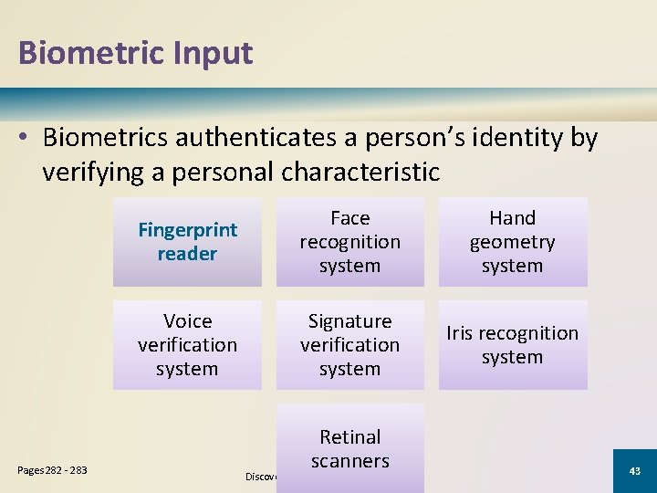 Biometric Input • Biometrics authenticates a person’s identity by verifying a personal characteristic Pages