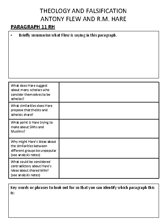 THEOLOGY AND FALSIFICATION ANTONY FLEW AND R. M. HARE PARAGRAPH 11 RH • Briefly