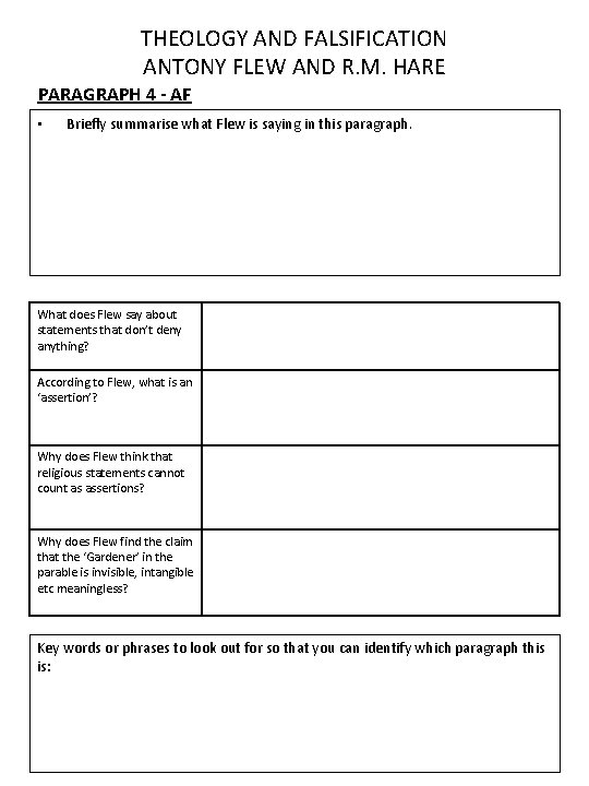 THEOLOGY AND FALSIFICATION ANTONY FLEW AND R. M. HARE PARAGRAPH 4 - AF •
