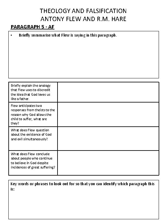 THEOLOGY AND FALSIFICATION ANTONY FLEW AND R. M. HARE PARAGRAPH 5 - AF •