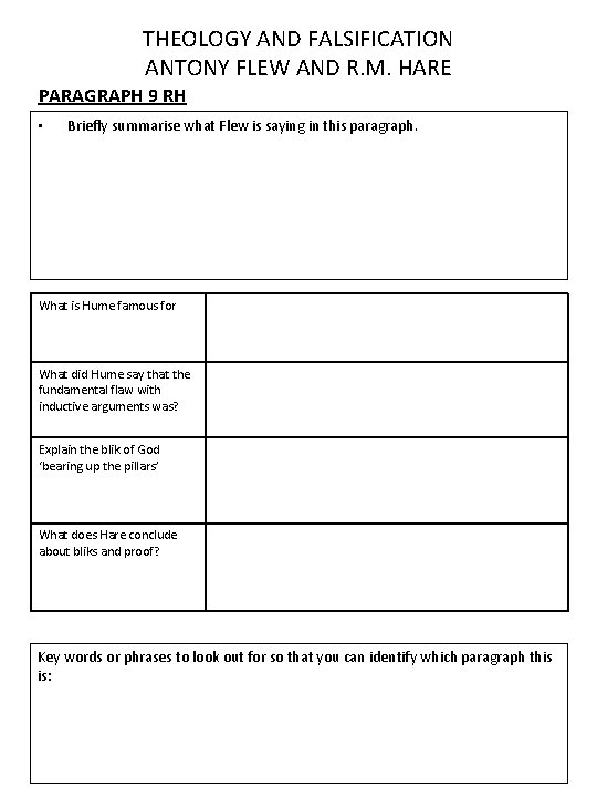 THEOLOGY AND FALSIFICATION ANTONY FLEW AND R. M. HARE PARAGRAPH 9 RH • Briefly