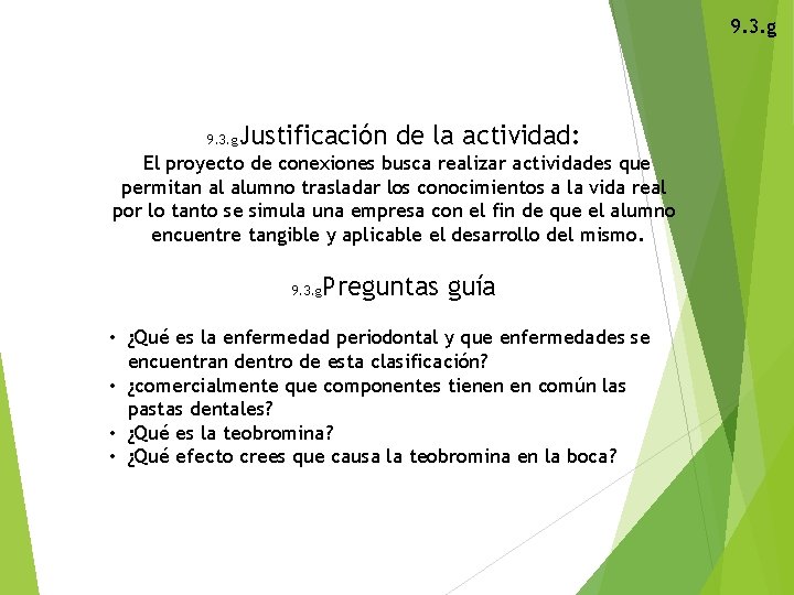 9. 3. g Justificación de la actividad: 9. 3. g El proyecto de conexiones