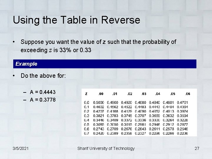 Using the Table in Reverse • Suppose you want the value of z such