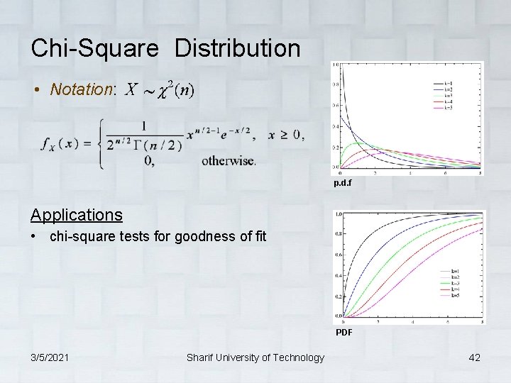 Chi-Square Distribution • Notation: p. d. f Applications • chi-square tests for goodness of