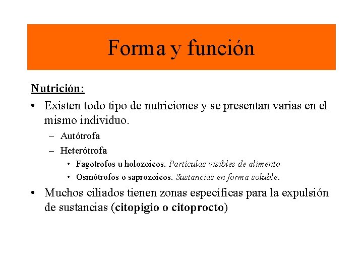 Forma y función Nutrición: • Existen todo tipo de nutriciones y se presentan varias