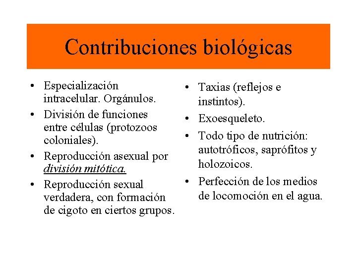 Contribuciones biológicas • Especialización intracelular. Orgánulos. • División de funciones entre células (protozoos coloniales).